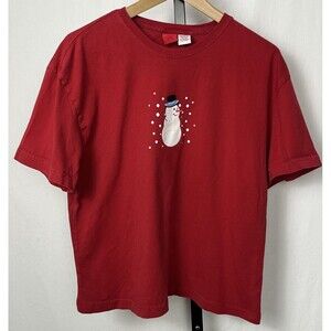 Christmas T Shirt Vintage Y2K Short Sleeve Crew Neck Red Snowman Cotton Women XL